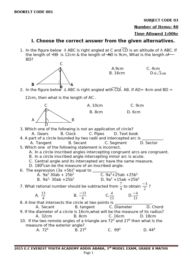Grade 8 Maths Model Exam Questions | PDF | Circle | Angle