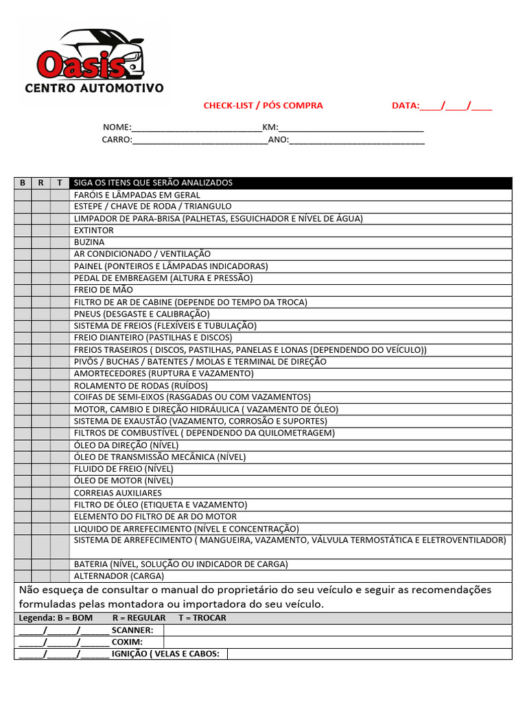Check-list Pós Compra de Veículo | PDF