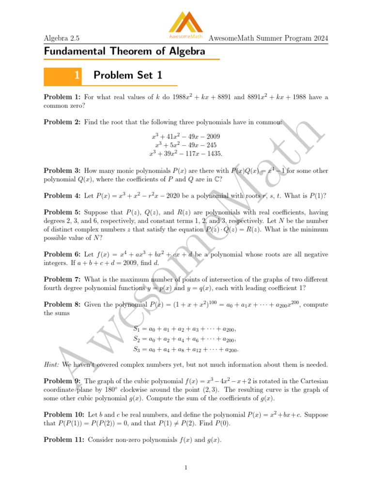 AwesomeMath Summer Program Problems | PDF | Polynomial | Zero Of A