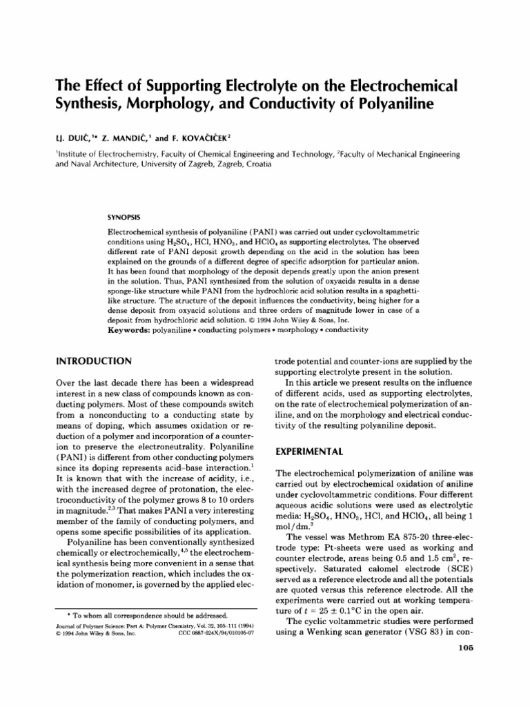 The Effect of Supporting Electrolyte On The Electrochemical Synthesis ...