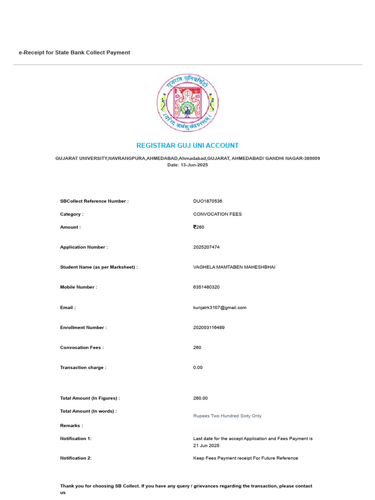 registrar-guj-uni-account-e-receipt-for-state-bank-collect-payment-pdf