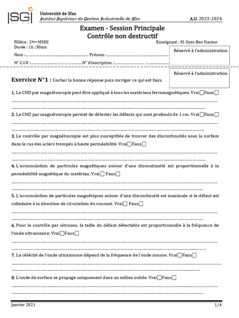 Examen CND 2023-2024 - Université Sfax | PDF | Résistance (électricité ...