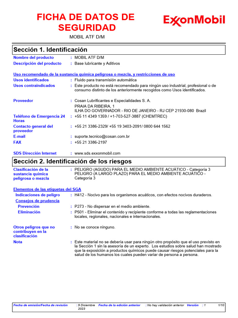 Ficha de Seguridad Mobil ATF D/M | PDF | Agua | Contaminación
