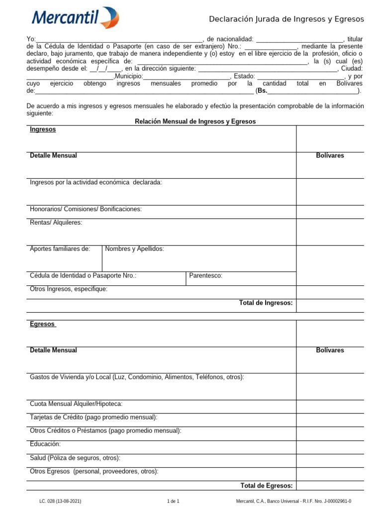 Formato de Declaración Jurada de Ingresos | PDF