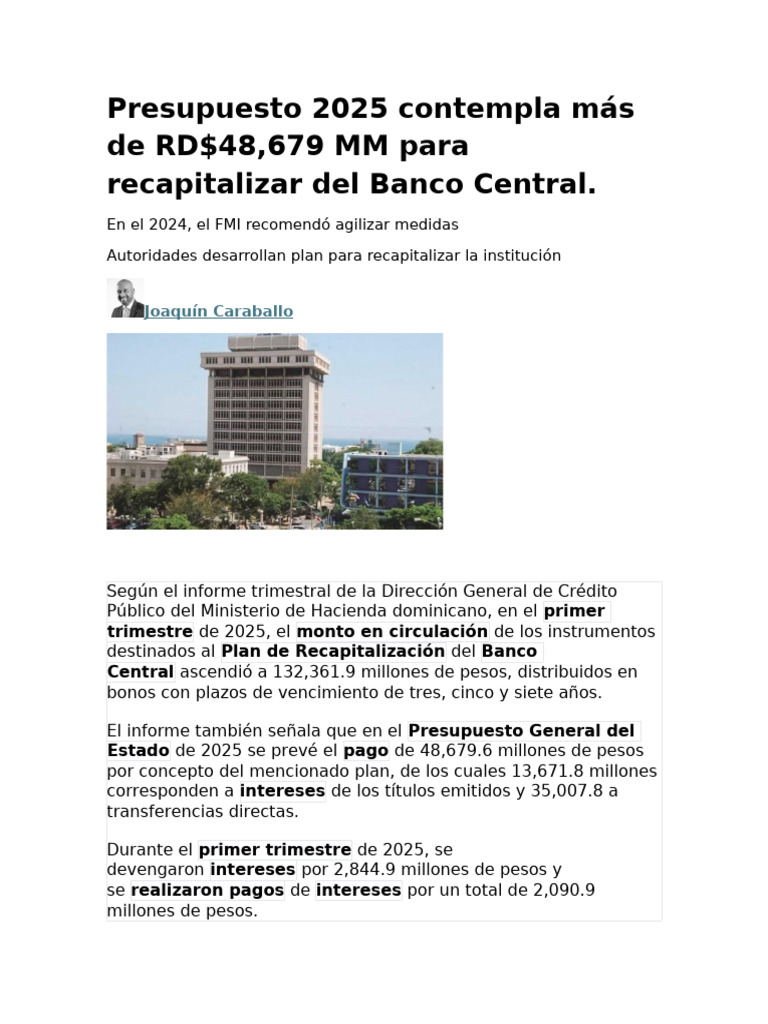 Presupuesto 2025 Contempla Más de RD$48,679 MM para Recapitalizar Del ...