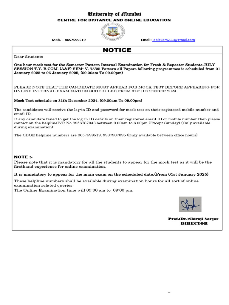 Mock Test Notice for T.Y. B.Com Students | PDF