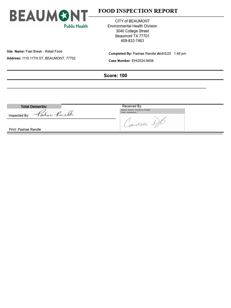 Fast Break Food Mart Inspection Report | PDF