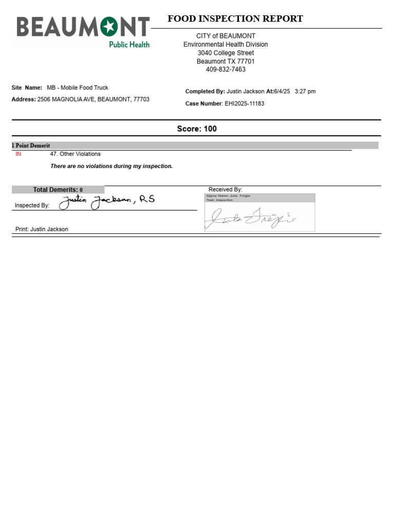 Beaumont Mobile Food Truck Inspection 100 | PDF