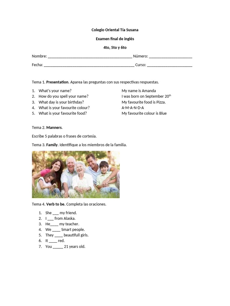 Examen de Ingles para Los Niños de 4to, 5to y 6to. | PDF