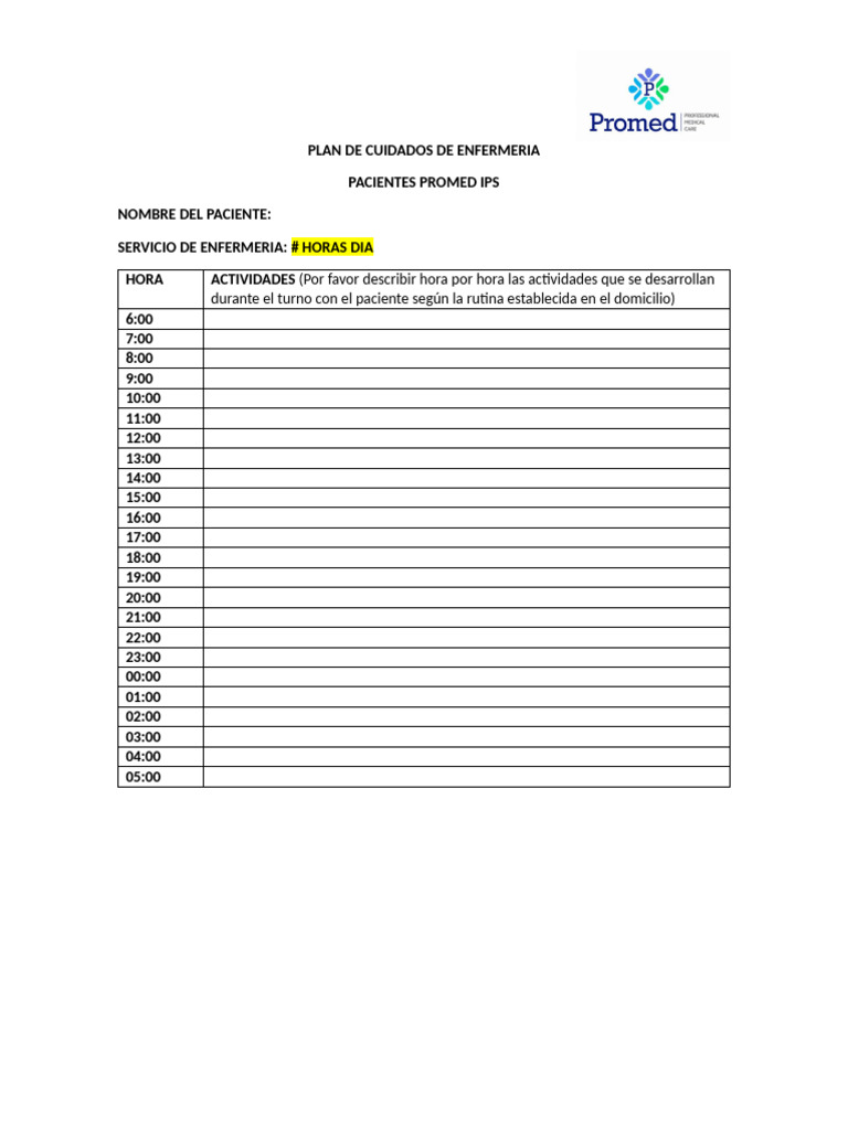 Plan de Cuidados de Enfermeria - Formato Rutina Pacientes | PDF