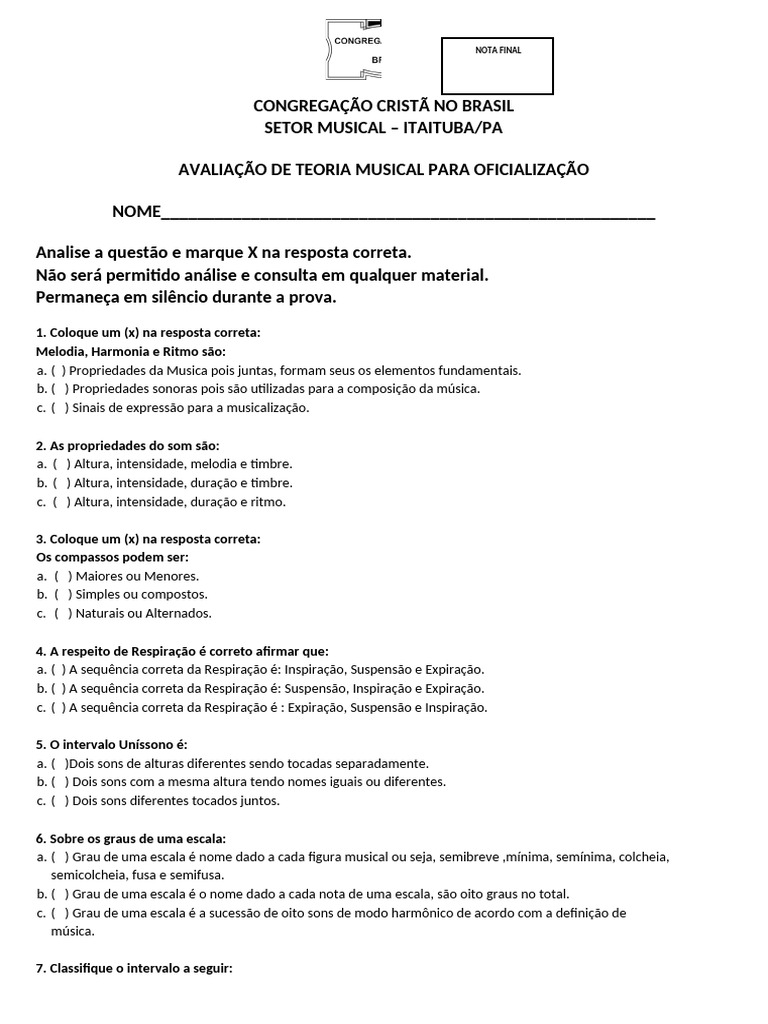 Avaliação de Teoria Musical CCB | PDF | Pitch (música) | Musicologia