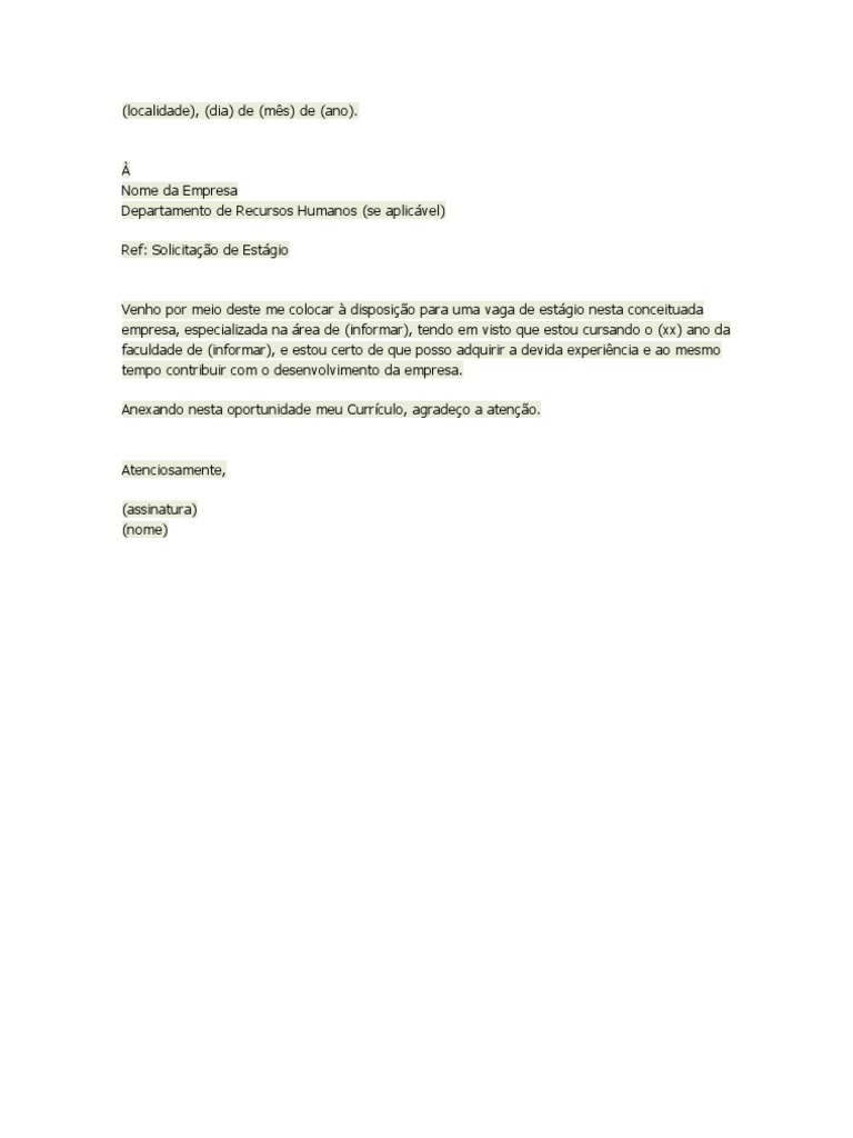 Modelo De Carta De Apresentação De Estagio  Vários Modelos