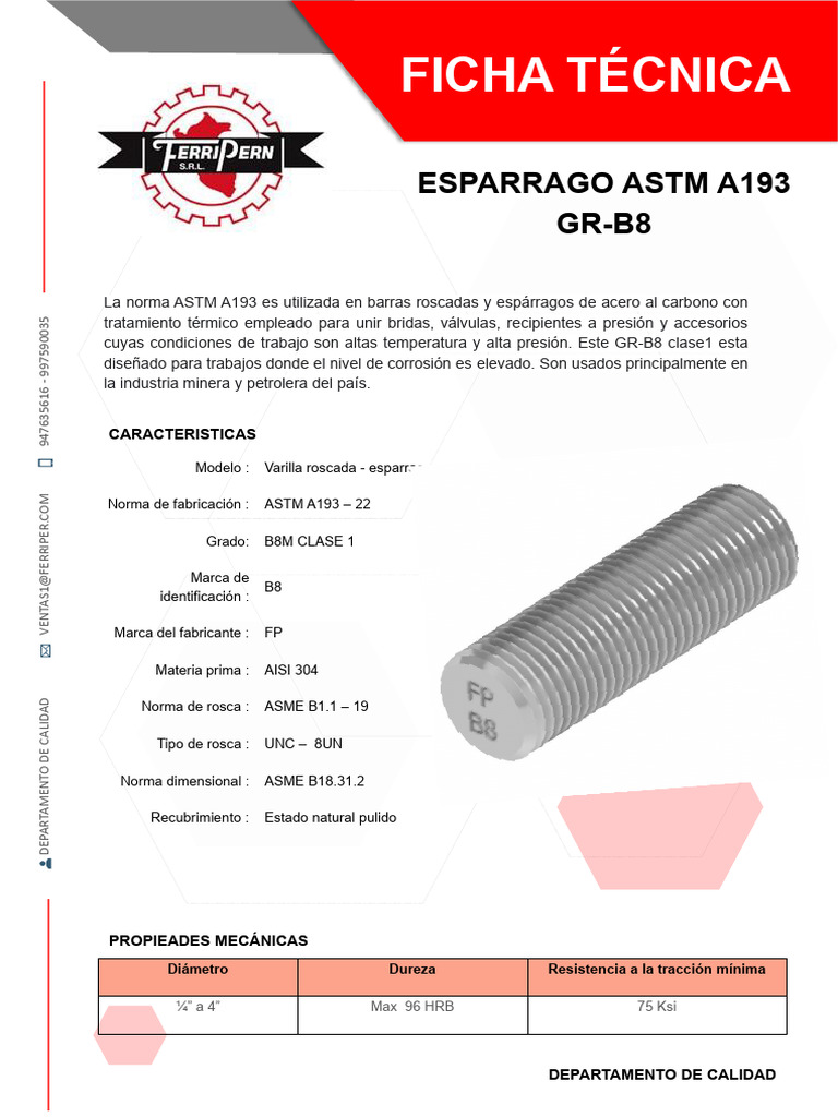 Ficha Técnica Varilla Roscada ASTM A193 B7 | PDF | Acero | Materiales