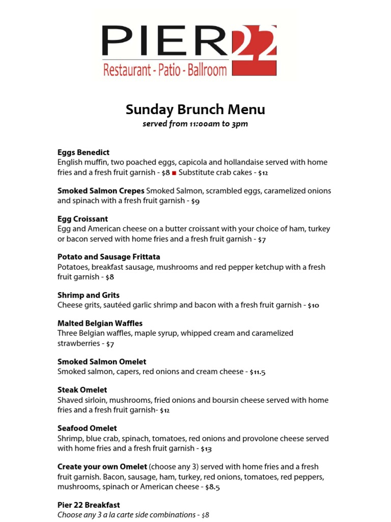 Pier 22 Brunch Menu 2012 | PDF | Sports & Recreation