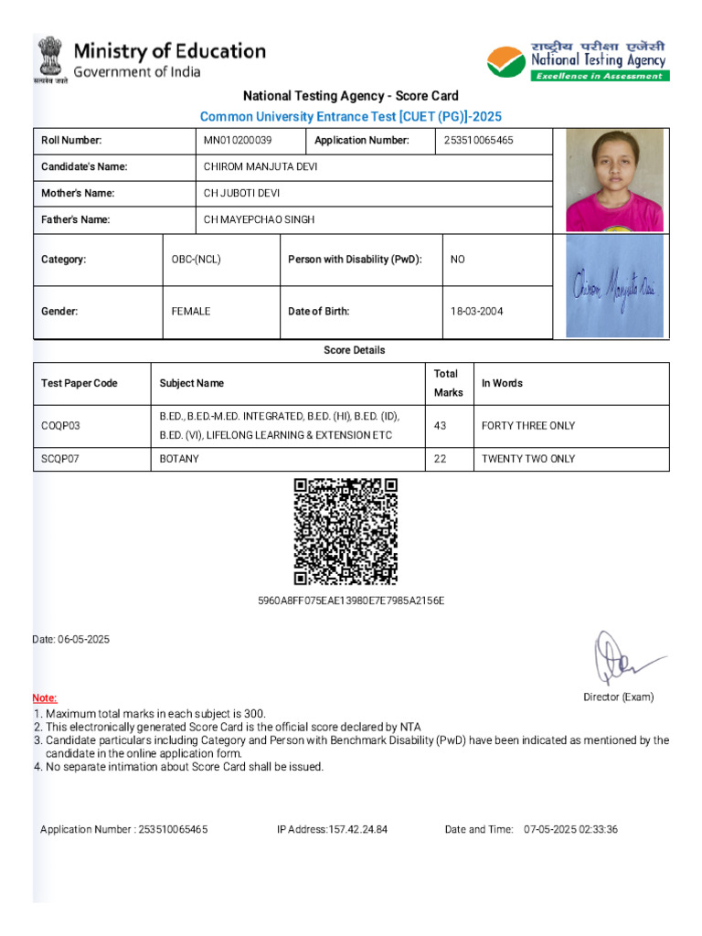 CUET (PG) 2025 Score Card: Chirom Manjuta Devi | PDF