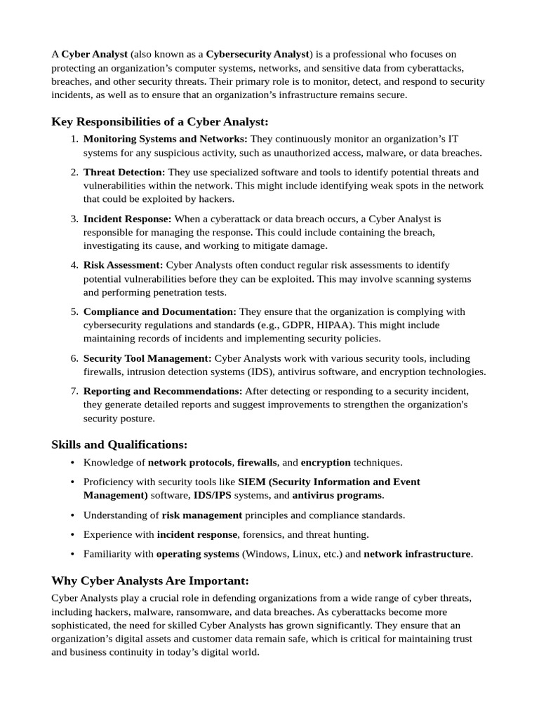 Role of a Cybersecurity Analyst | PDF | Security | Computer Security