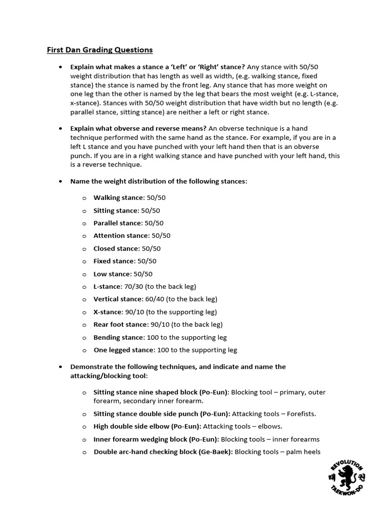 First Dan Taekwondo Grading Q&A | PDF
