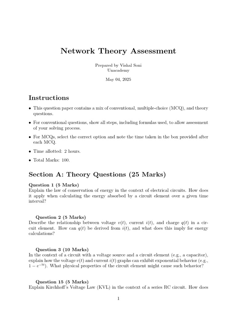 Network Theory Exam Questions and Guidelines | PDF | Electrical Network ...