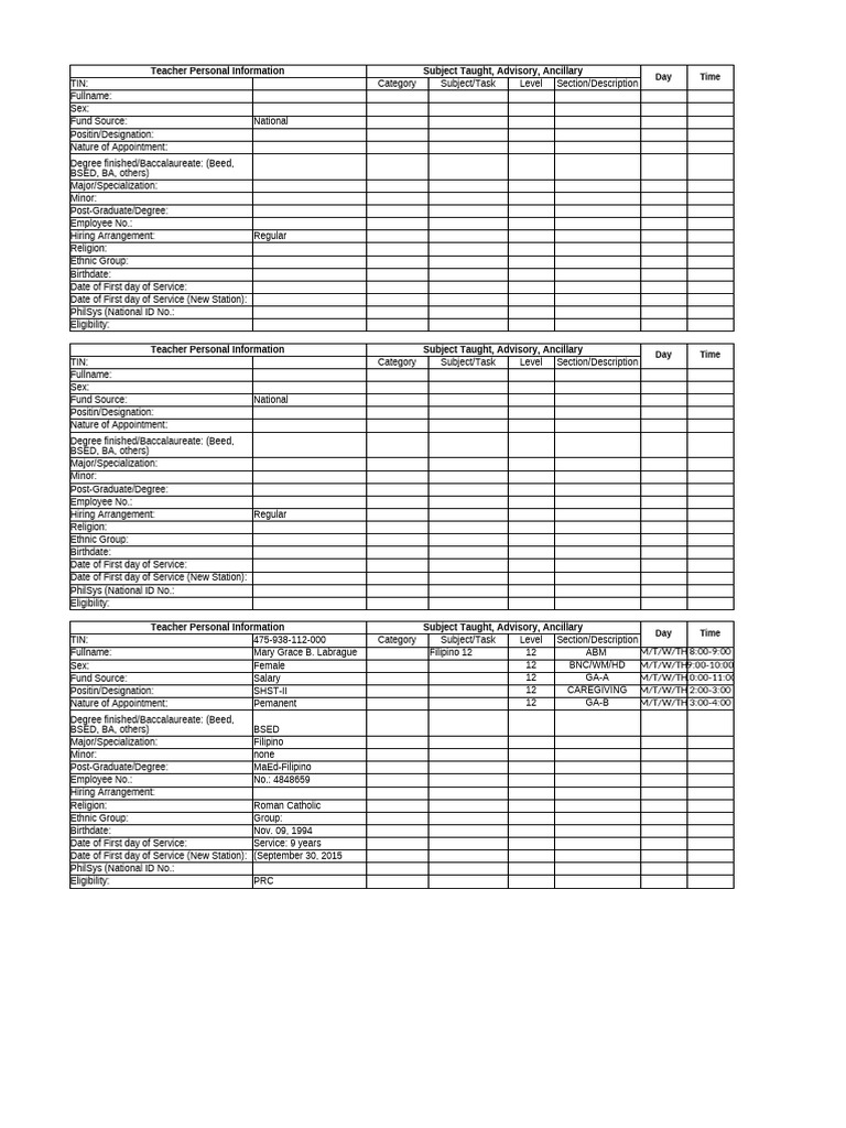 Teacher Personal Information Overview | PDF