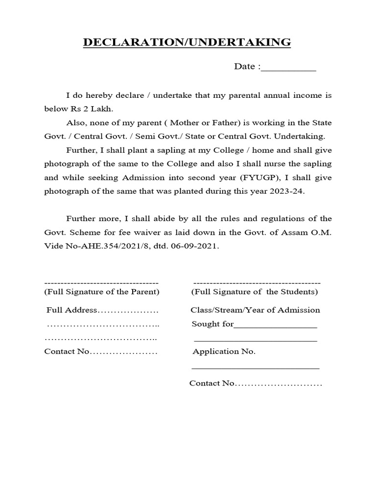 Parental Income Declaration for Fee Waiver | PDF