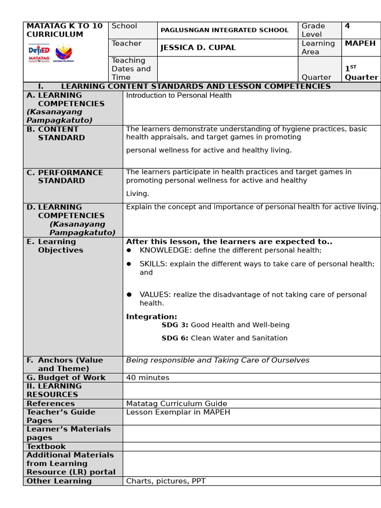 Mapeh Lesson Plan | PDF | Mental Health | Psychology