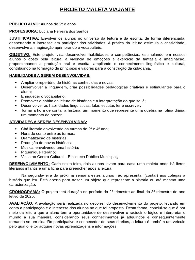 Projeto Maleta Viajante: Leitura Criativa | PDF | Bibliotecas | Pedagogia