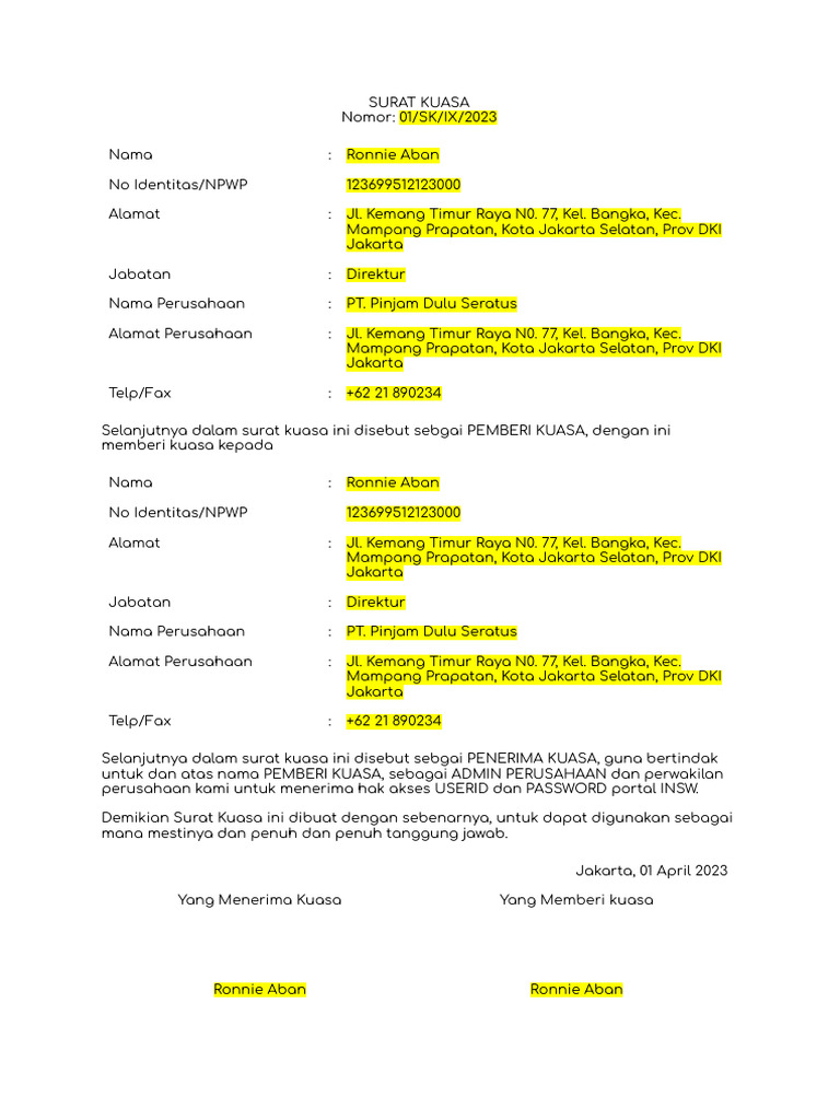 Surat Kuasa Akses Portal INSW | PDF