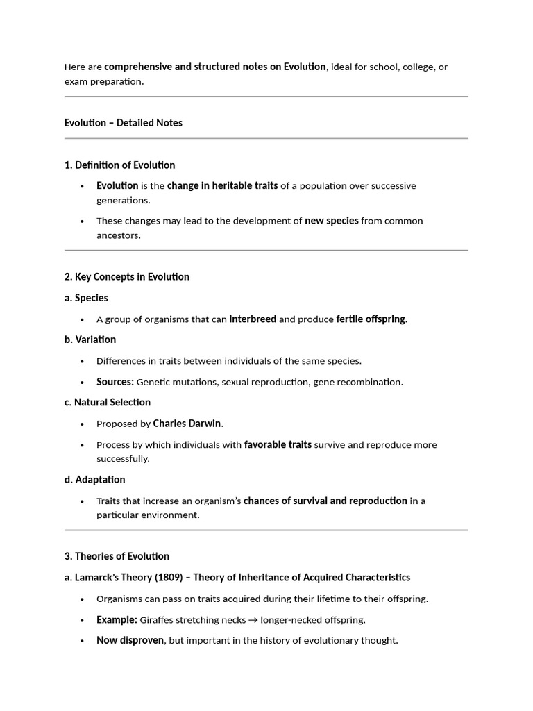 Here Are Comprehensive and Structured Notes On Evolution | PDF ...