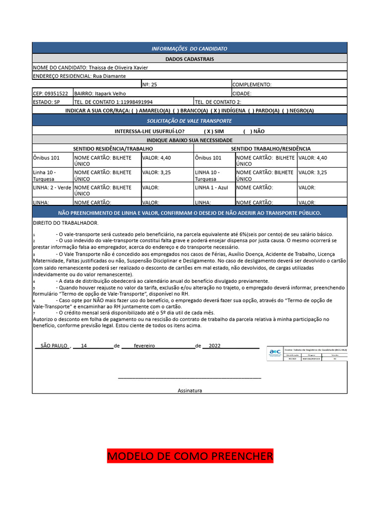 Ficha VT - Exemplo - Ficha VT para Preencher | PDF | Férias trabalhistas