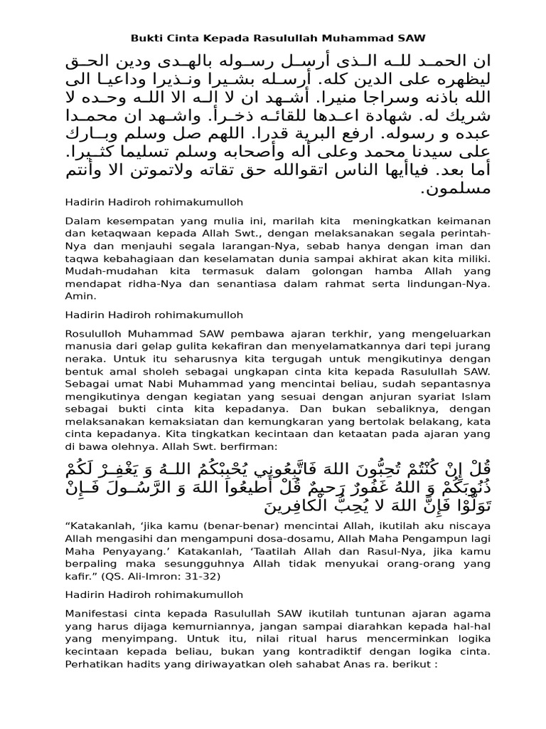 Bukti Cinta Kepada Rasulullah Muhammad SAW | PDF
