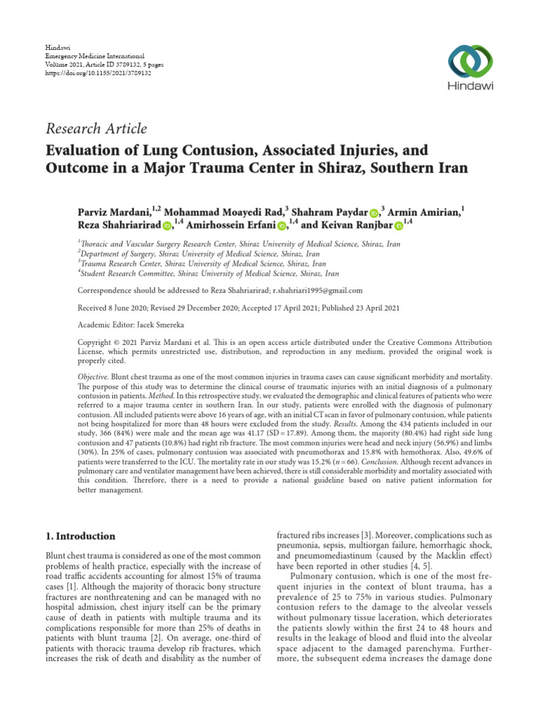Evaluation of Lung Contusion, Associated Injuries, and Outcome in A ...