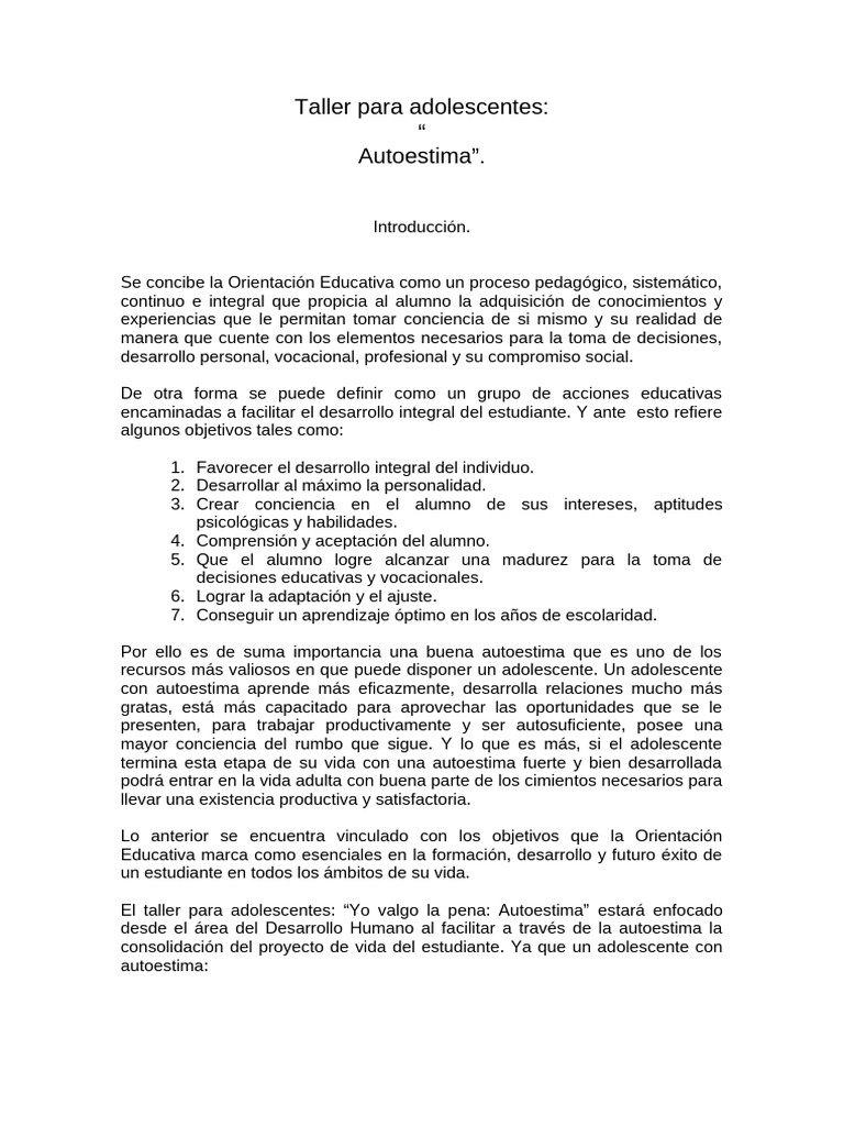 Taller de Autoestima para Adolescentes | PDF | Autoestima | Autoeficacia