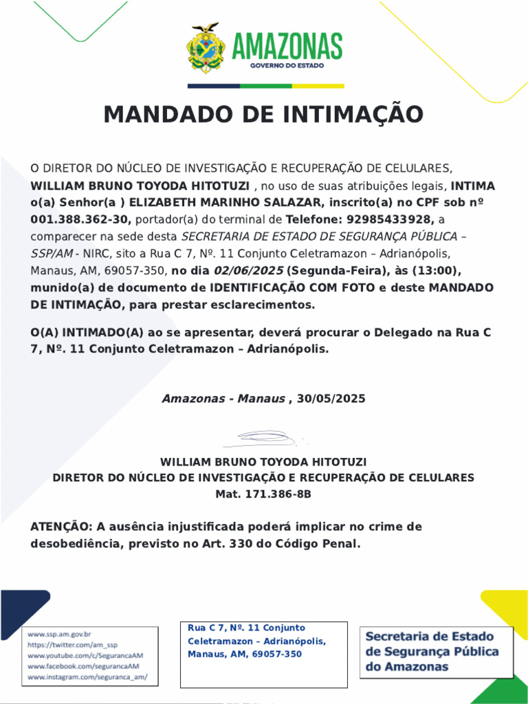 Mandado de Intimação para Esclarecimentos | PDF