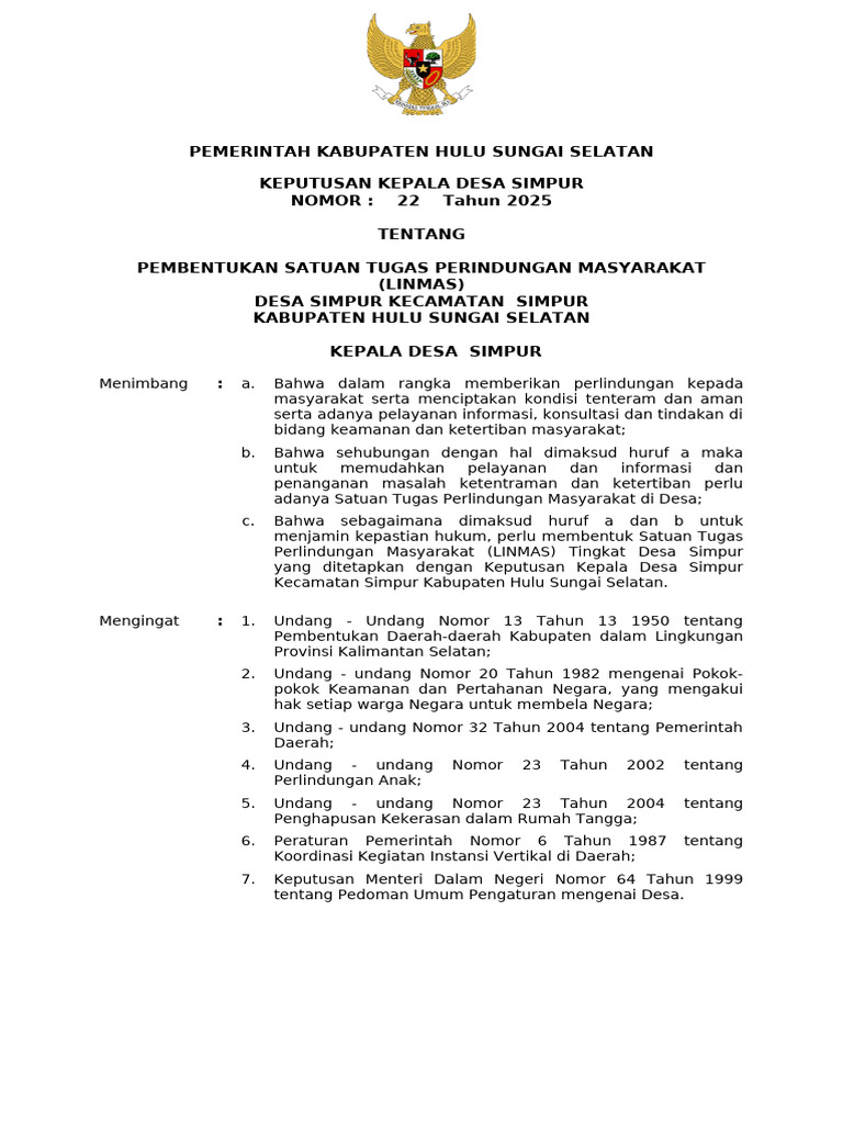 Pembentukan LINMAS Desa Simpur 2025 | PDF