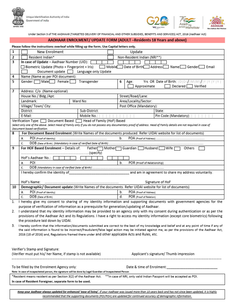 Aadhaar Enrollment Form for Adults 18+ | PDF | Authentication | Access ...