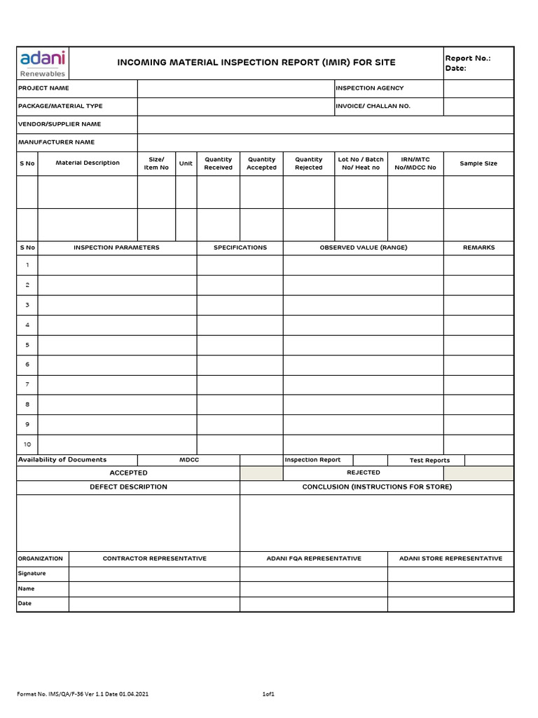 Incoming Material Inspection Report | PDF