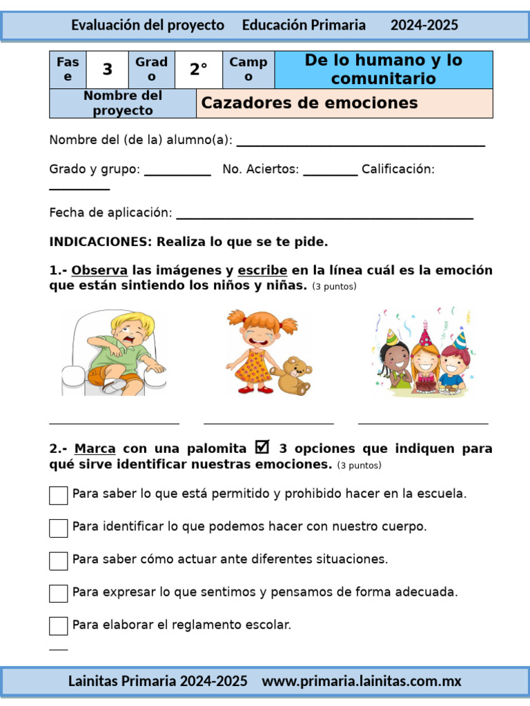 Evaluación de emociones en primaria 2024 | PDF | Las emociones | Cognición