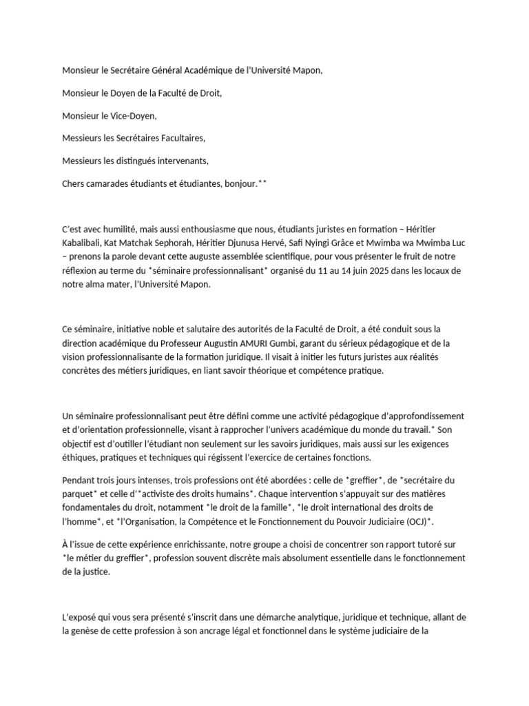 Séminaire sur le métier de greffier à l'UDM | PDF | Pédagogie