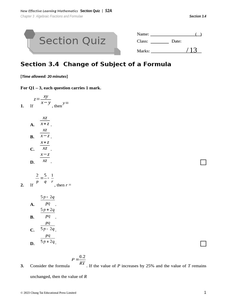 SectionQuiz 2A03 4 EE | PDF | Algebra | Mathematics