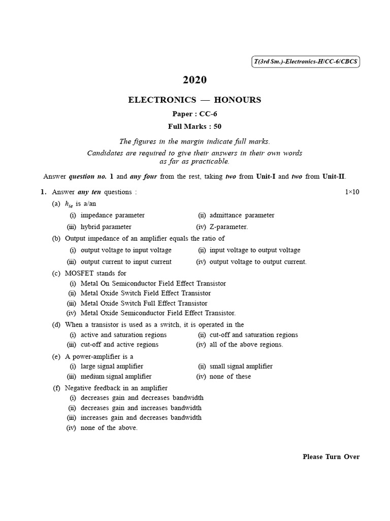 2020 ELectronics Hons Question Paper CU | PDF | Amplifier | Transistor