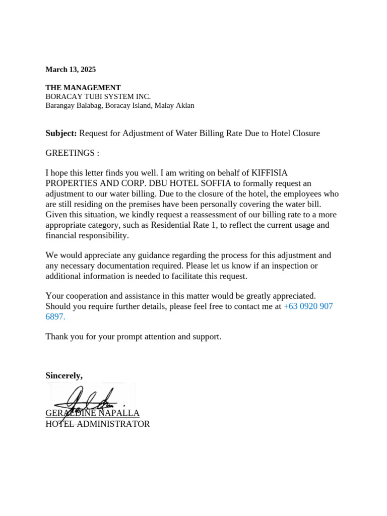 Water Rate Adjustment Request for Soffia Hotel | PDF