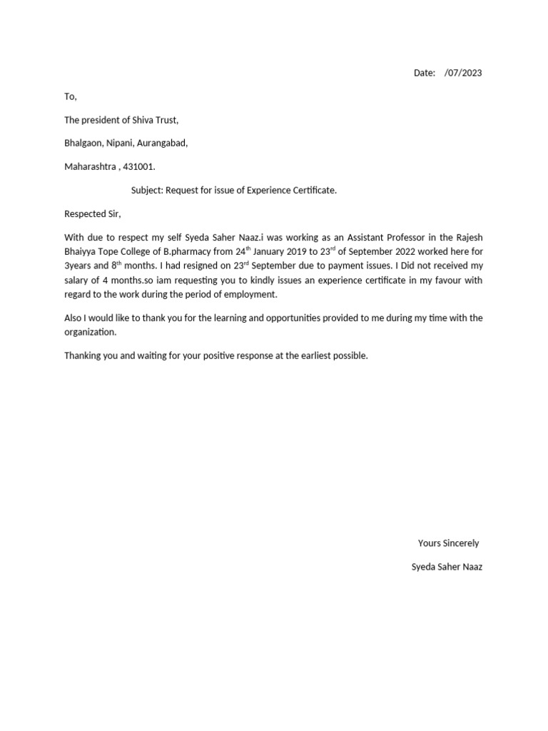 Experience Certificate Request by Saher Naaz | PDF