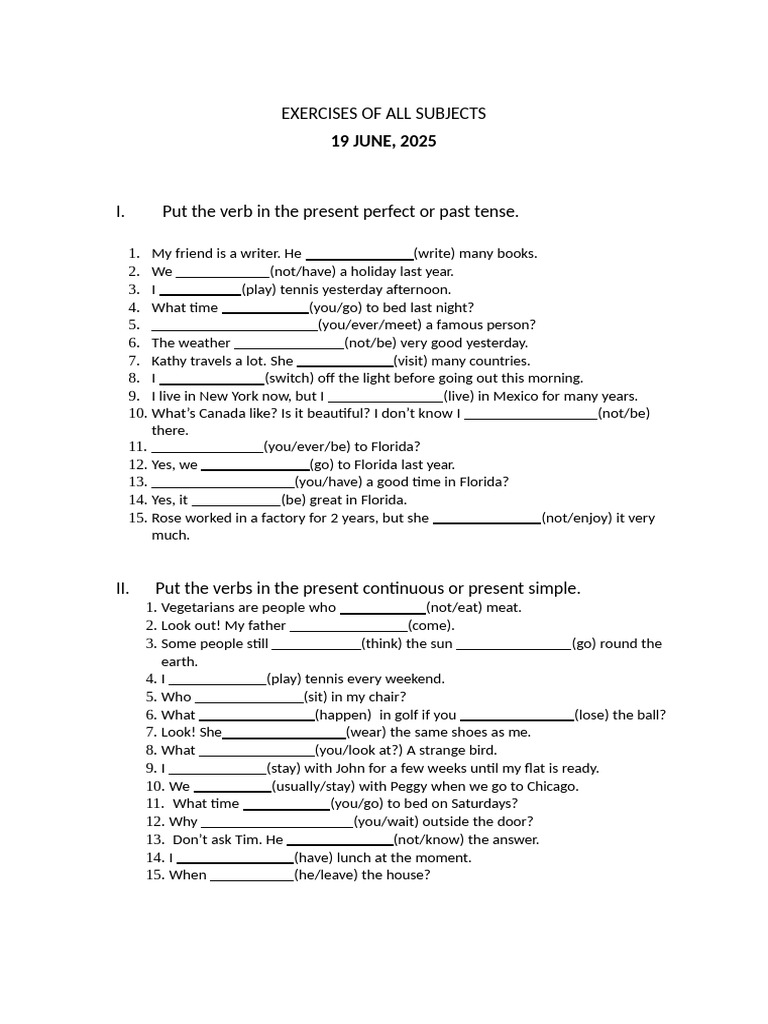 Exercises of All Subjects | PDF