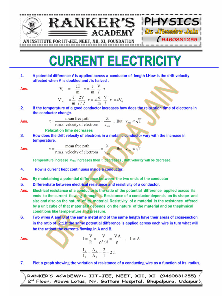 Current Electricity Concepts Explained | PDF | Electrical Resistivity ...