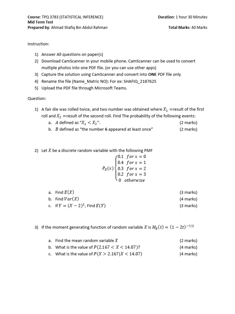 Mid Term Test Statistical Inference Pdf Operating System Families