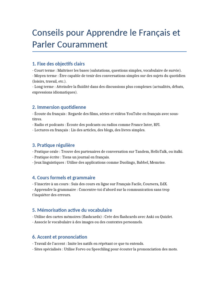 Conseils pour Apprendre le Français Rapidement | PDF