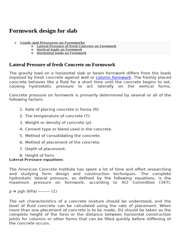 Formwork Design for Concrete Slabs | PDF | Concrete | Pressure