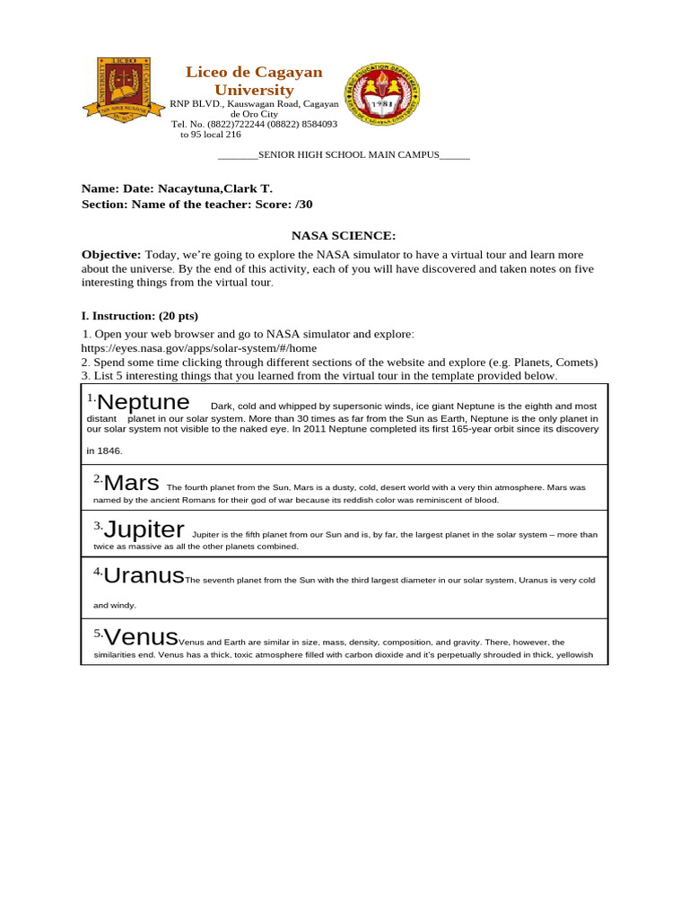 Edited - Q1 - FORMATIVE ACTIVITY NASA | PDF | Planets | Solar System