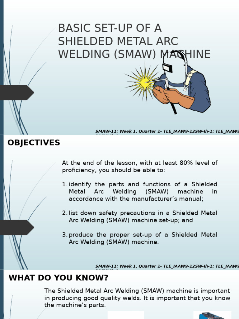 SMAW Machine Setup and Safety Guide | PDF | Welding | Construction