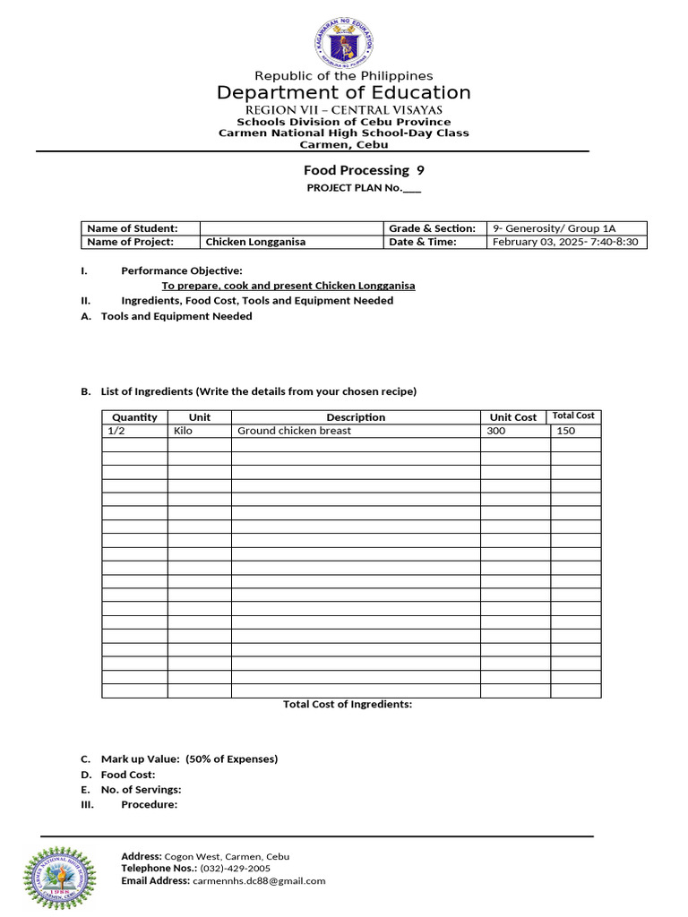 Chicken Longganisa Project Plan | PDF